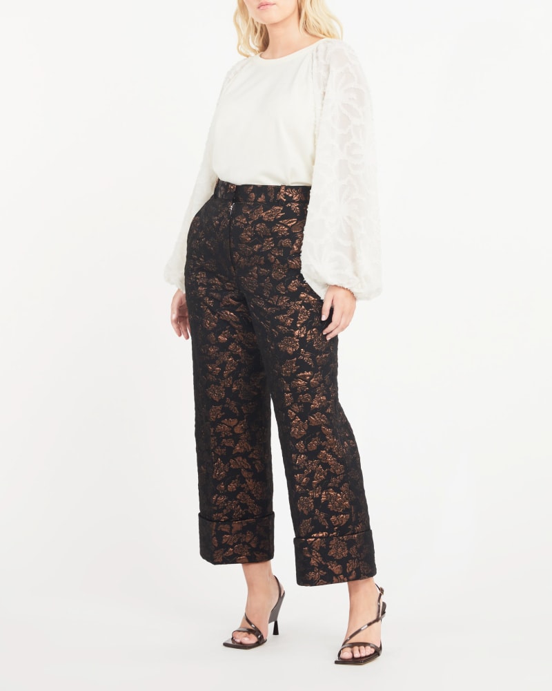 Front of a model wearing a size 12 Gabe Pant in DEEP BRANDY/BLACK by Tanya Taylor. | dia_product_style_image_id:283234